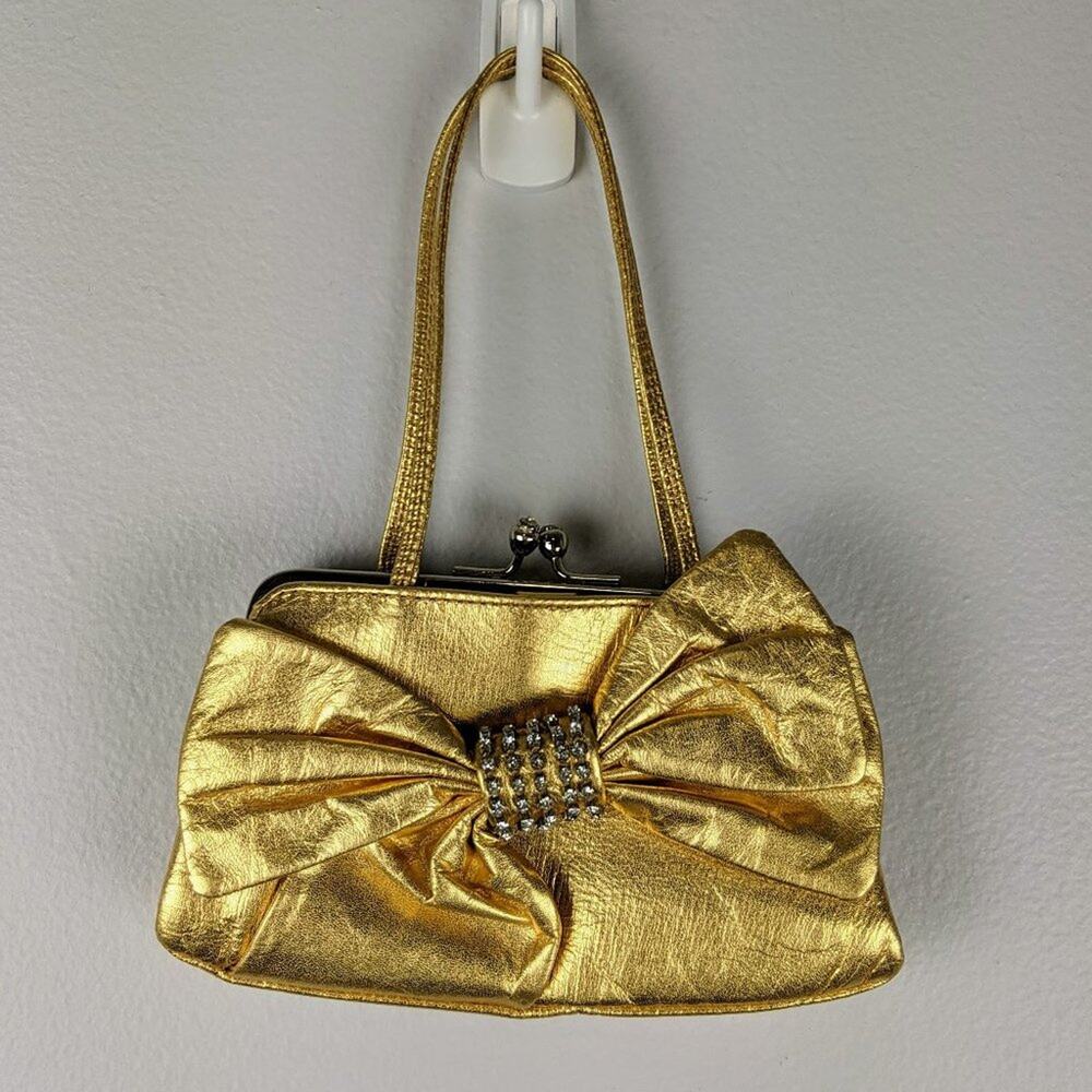 Bebe Gold Leather Mini Bag Rhinestones and Bow